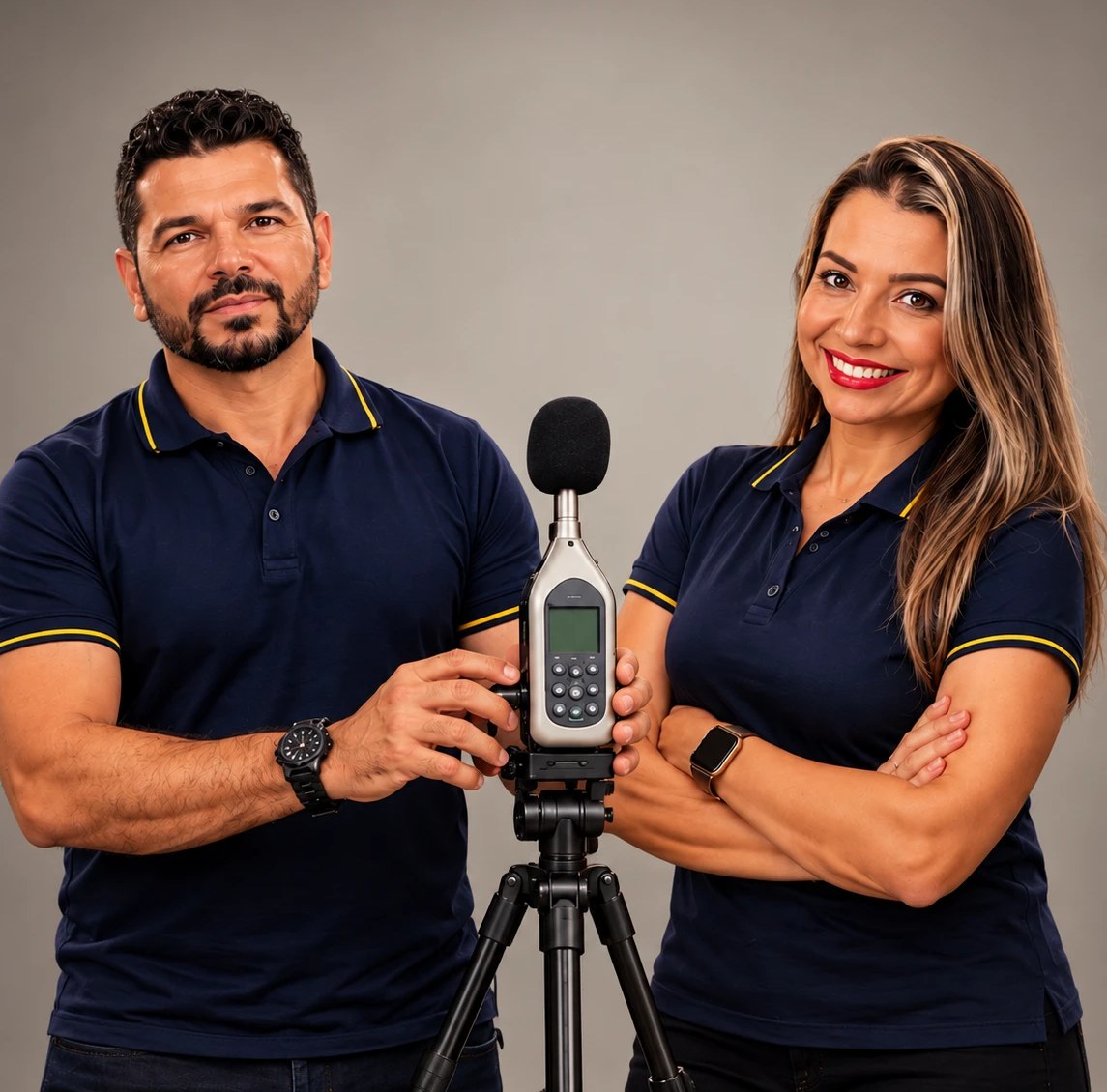 Equipe da Master MG com sonômetro em tripé