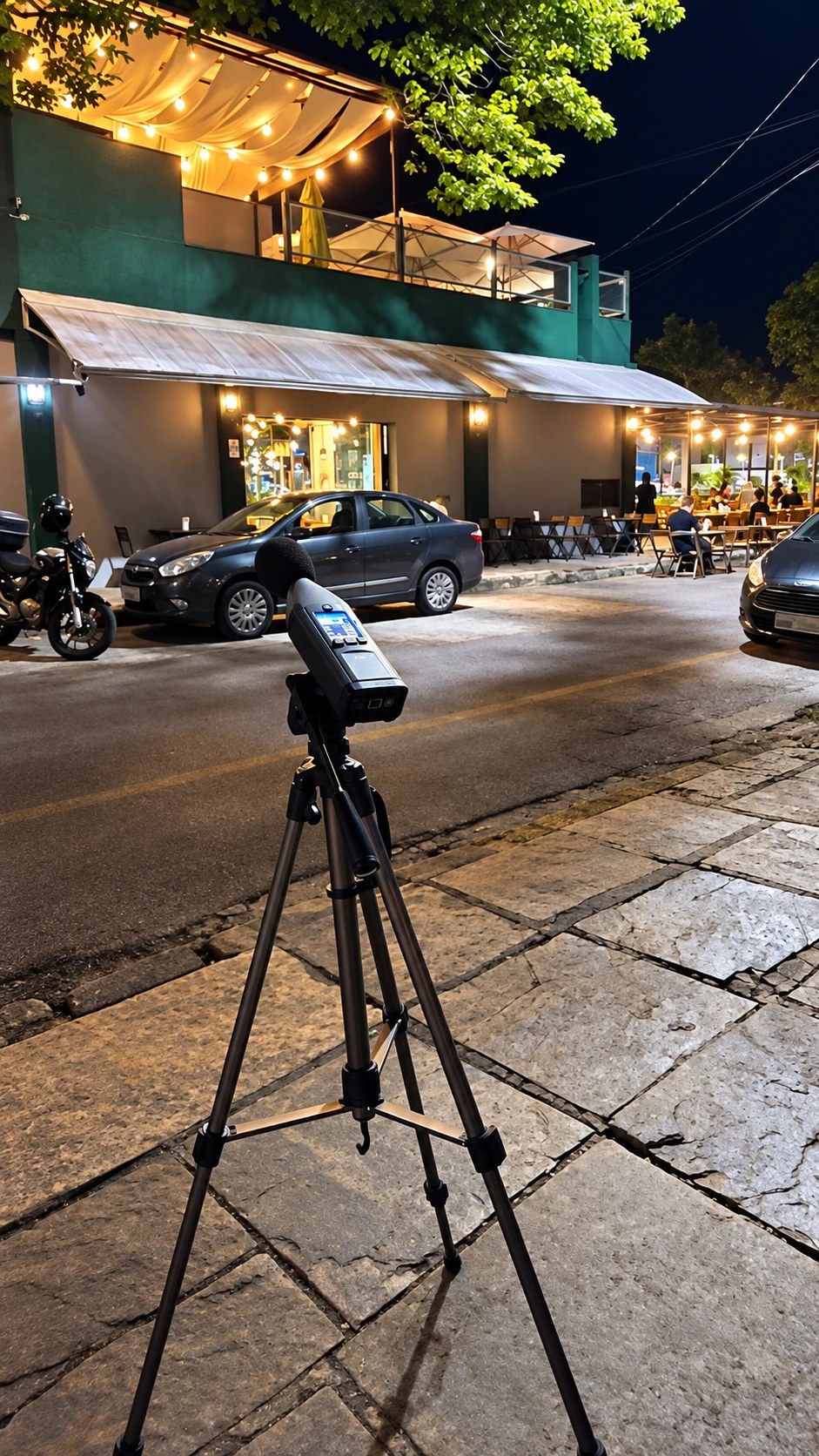 Medição de ruído ambiental noturno em frente a bar e restaurante